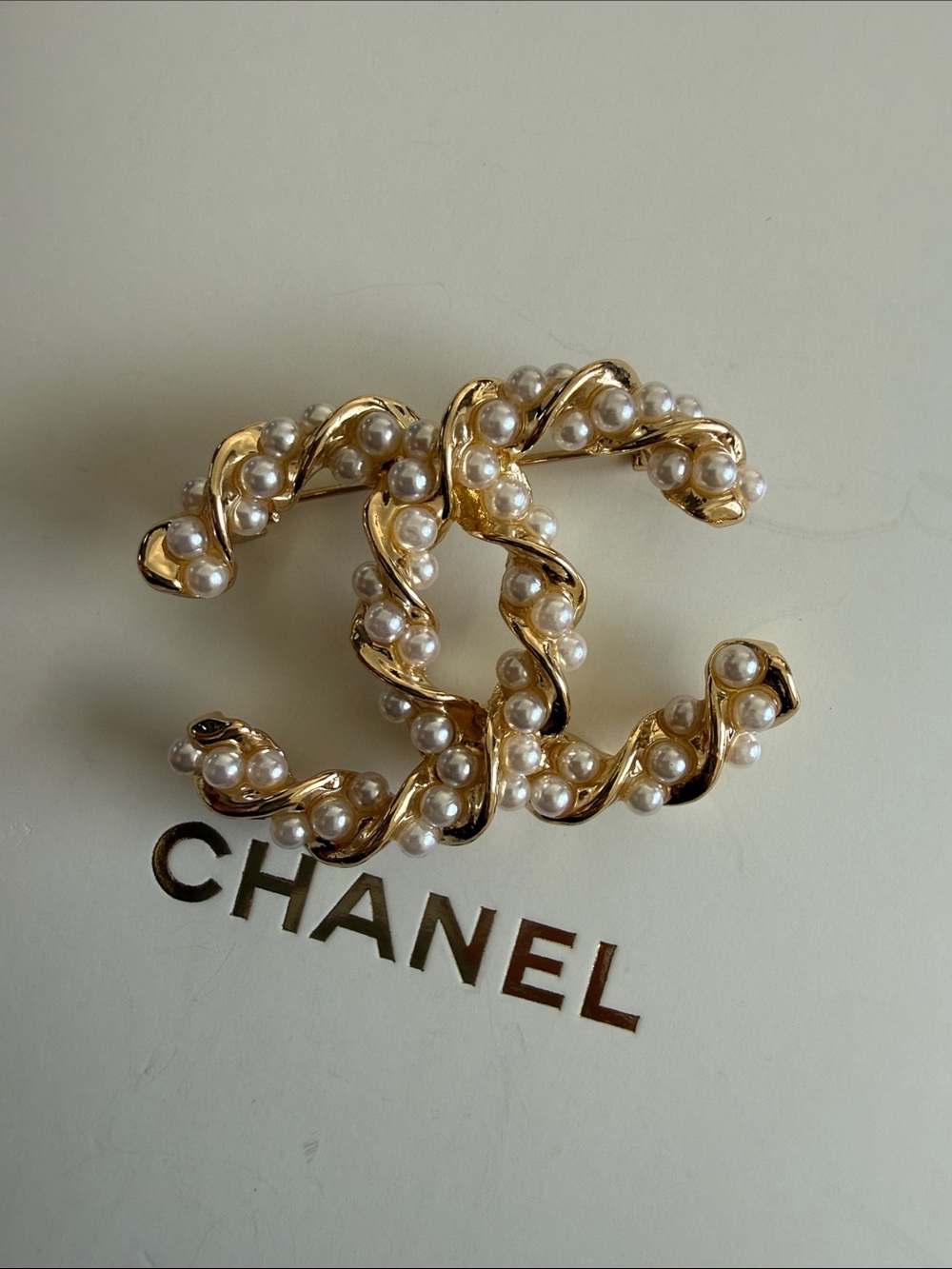 Upcycled CC Gold and Pearl Embellished Interlocking CC Brooch